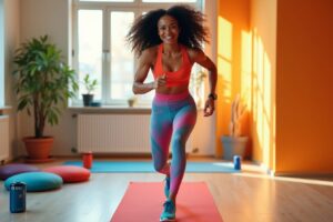 Beginner doing a high-knee sprint in a bright home gym, smiling during a HIIT workout
