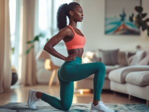 Woman in deep squat highlighting glutes for glute workout at home.